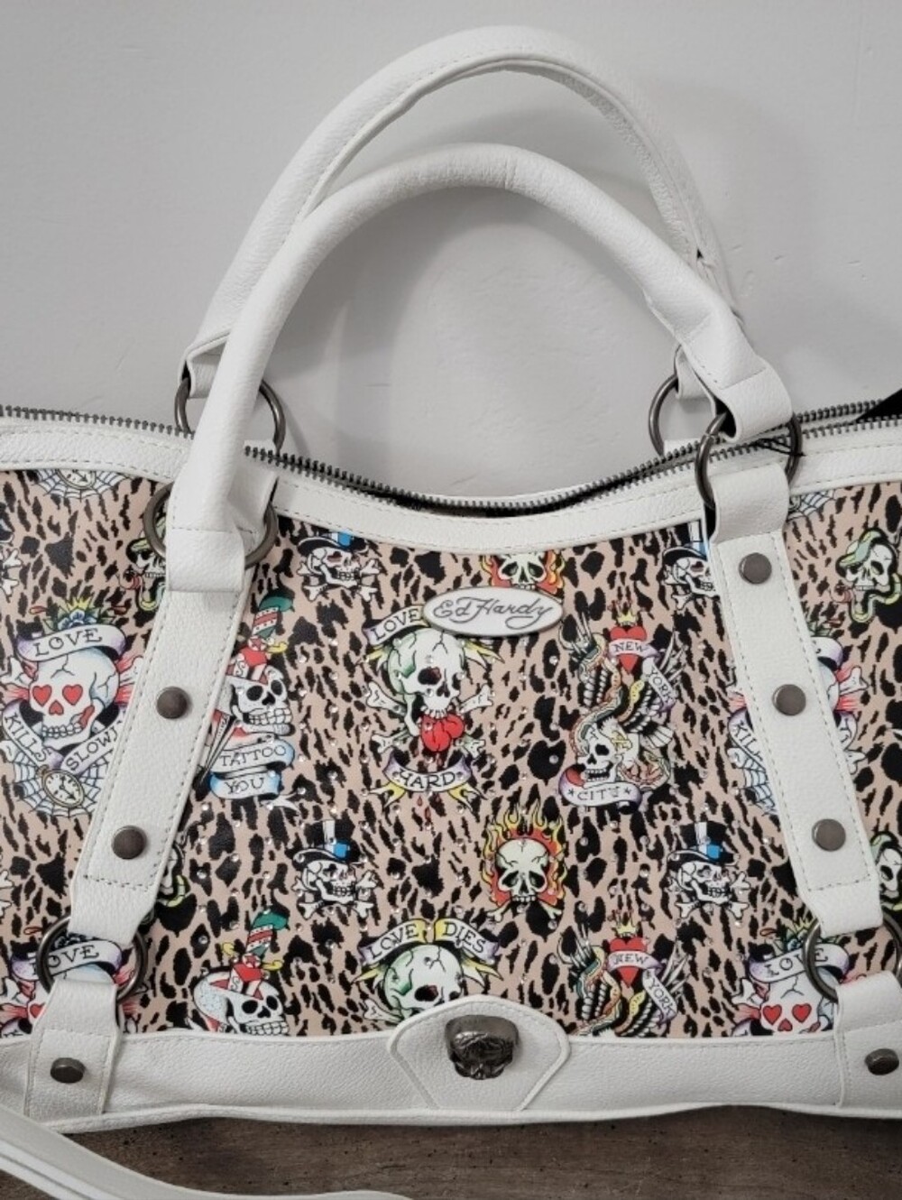 Ed Hardy White Cheetah Rhinestone Tote Bag New